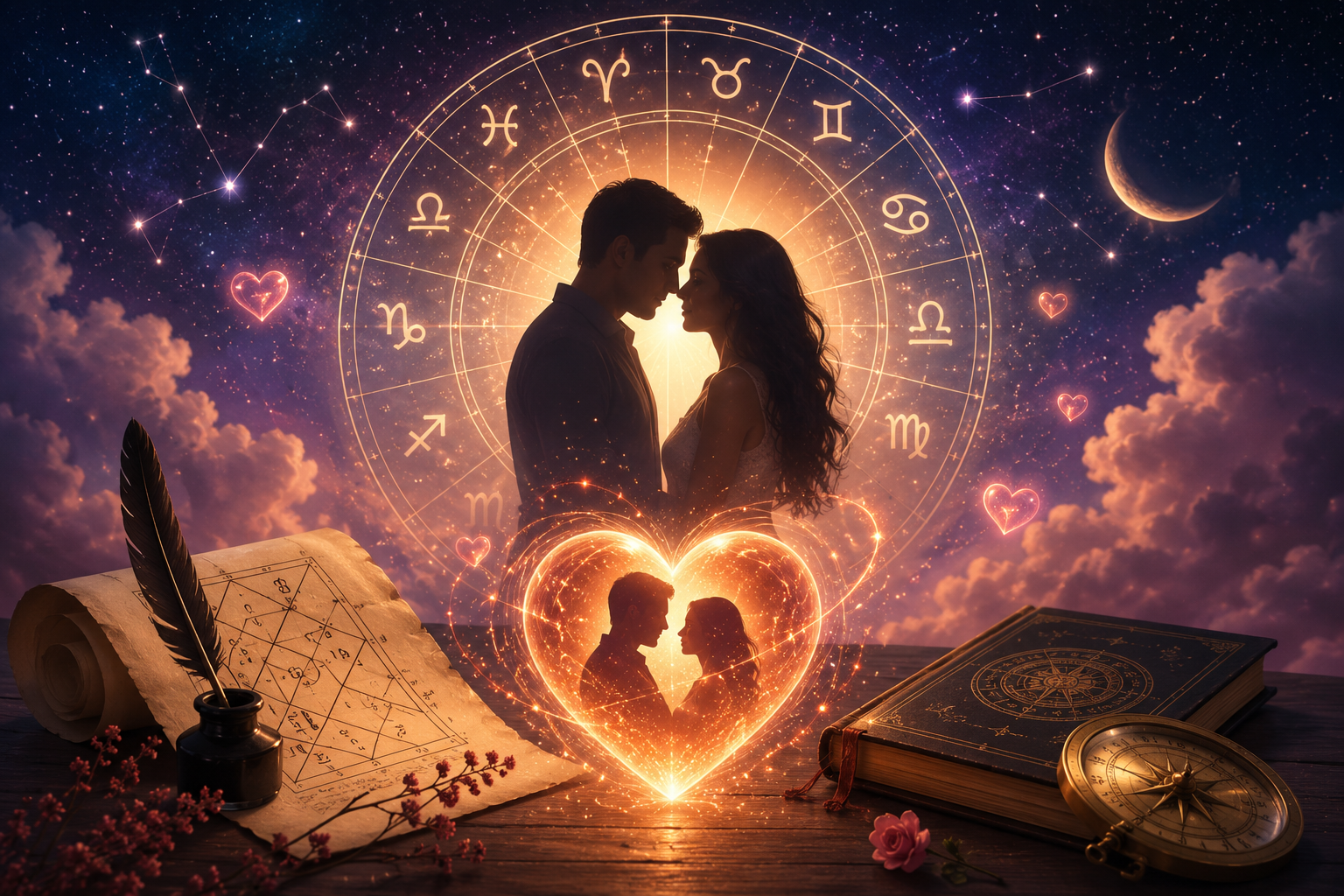 Romantic astrology-inspired illustration of a silhouetted couple standing close under a glowing zodiac wheel, surrounded by a dreamy starry night sky, crescent moon, golden celestial sparkles, and a glowing heart-shaped light trail in a soft mystical aesthetic.
